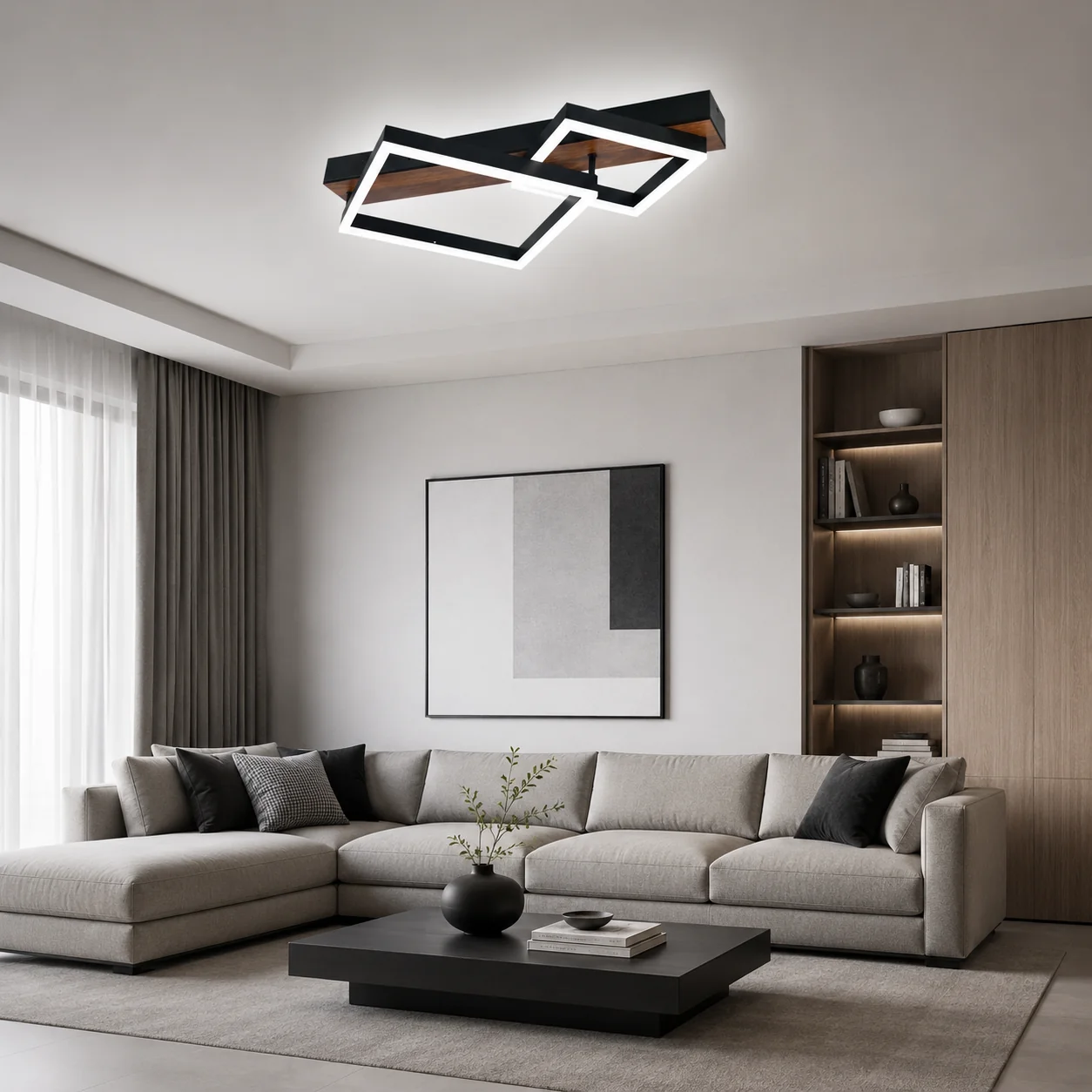 Lustra LED 72W Pătrate și Lemn cu Telecomandă, Negru