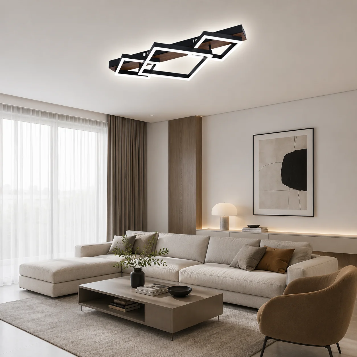 Lustra LED 100W Pătrate și Lemn cu Telecomandă, Negru